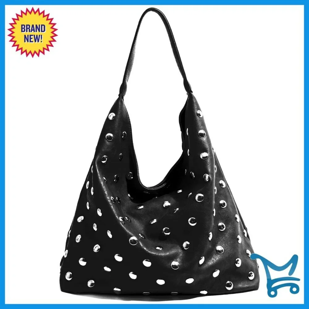 Studded Vegan Leather Hobo Shoulder Bag Tote Purse Large Capacity